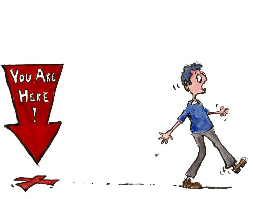 red arrow pointing behind man