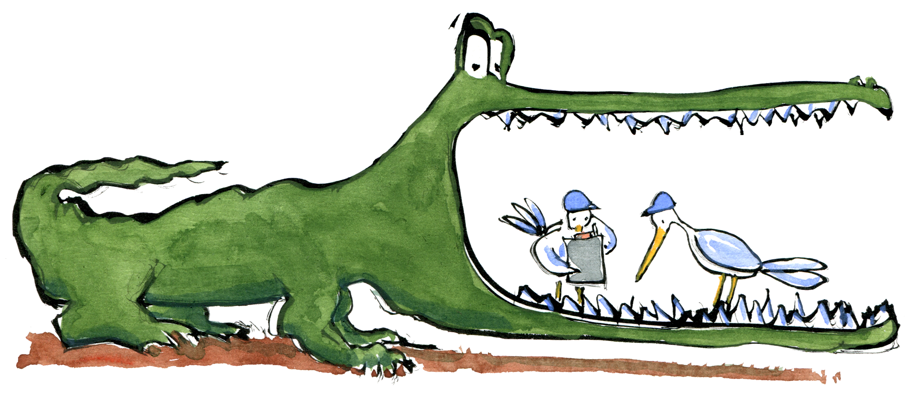 illustration of a Crocodile getting teeth fixed by birds