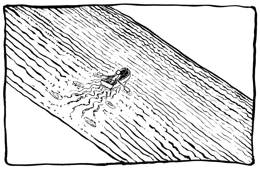 Black and white ink drawing about crossing the river