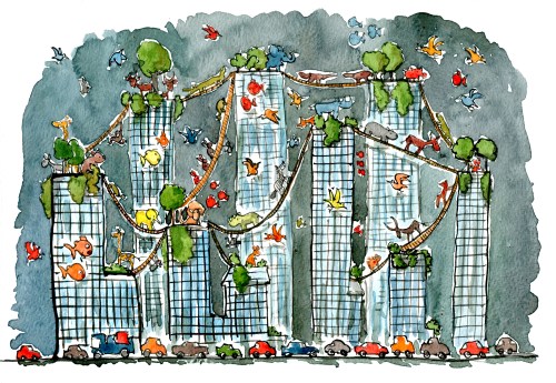 Drawing of a city with animals