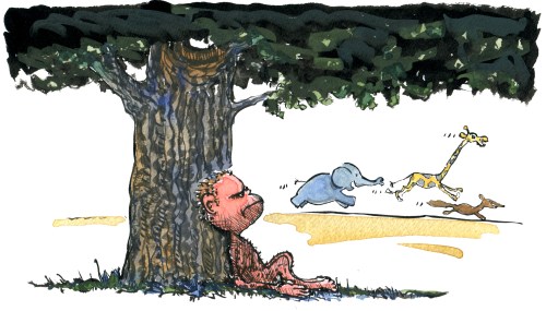 drawing of a caveman wondering under a tree