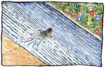 Color drawing, crossing the river no text