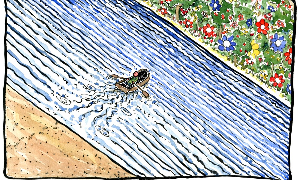 river and little boat on it going over to the other side