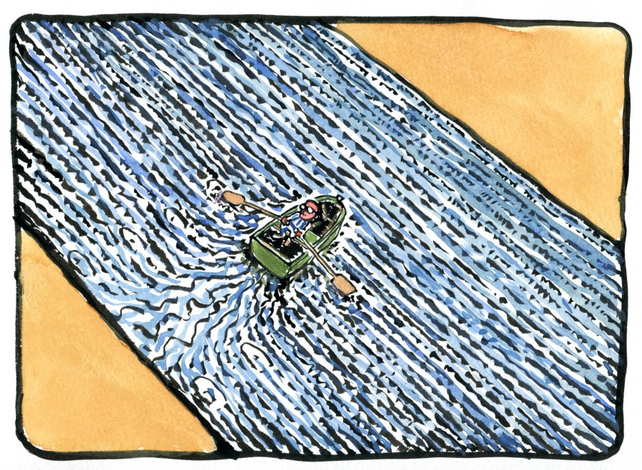 Color drawing, crossing the river same looking sides