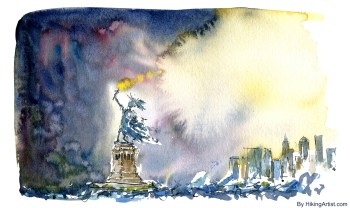 Watercolor Statue of Liberty in Storm New York