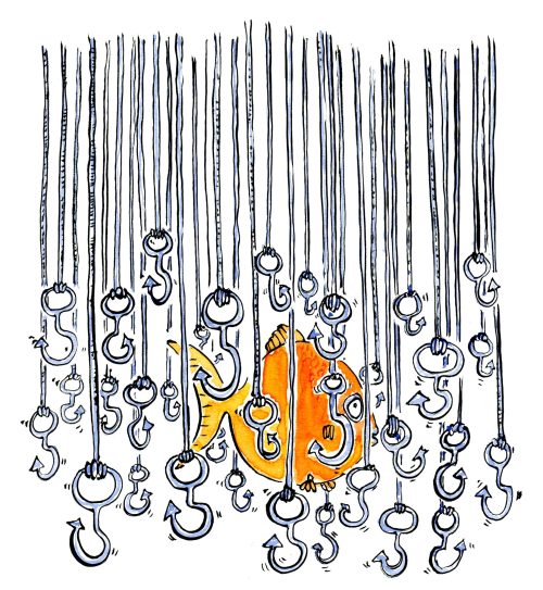 Fish hiding among fish hooks