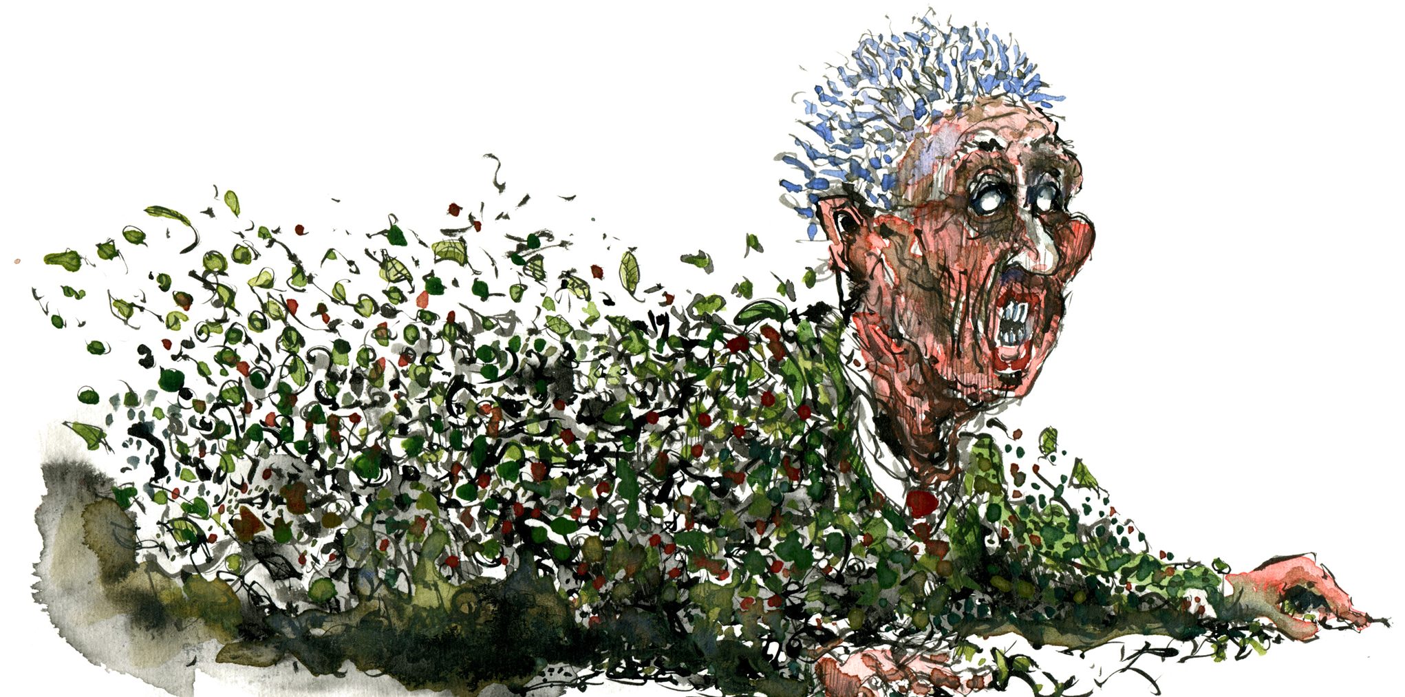 man being blown by leafs, trying to hold on