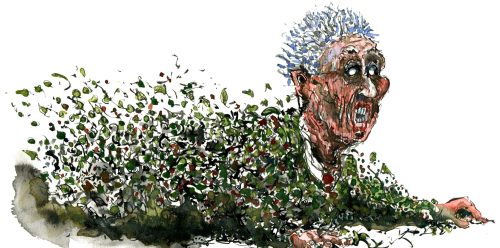 man being blown by leafs, trying to hold on