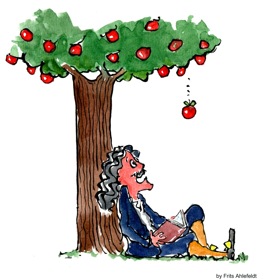Illustration of Isaac Newton under the apple tree, when the apple falls.