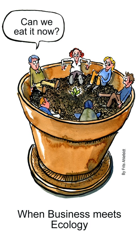 drawing of people in a pot, looking at a tiny sprout