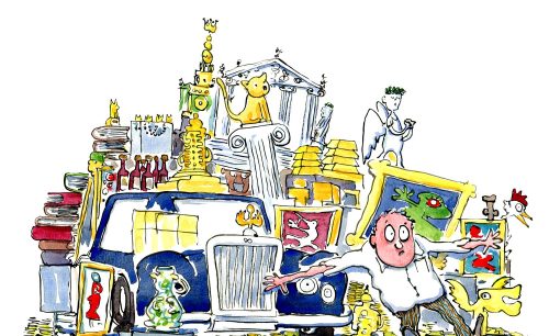 Wealthy guy standing in front of his belongings, in fear