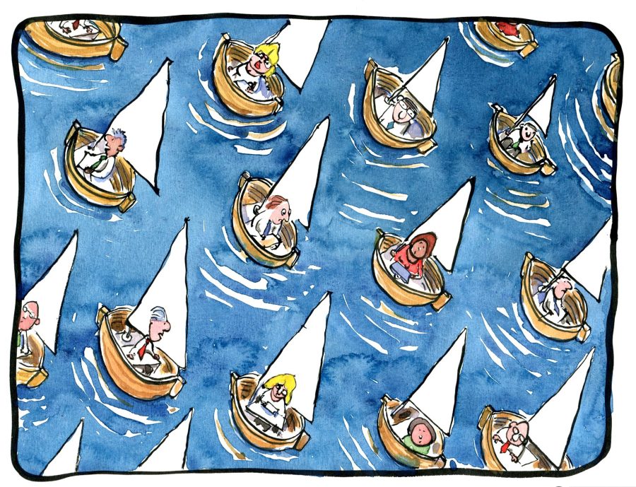 a lot of small individual boats on a big sea