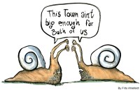Two snails, arguing in about who shall stay in town