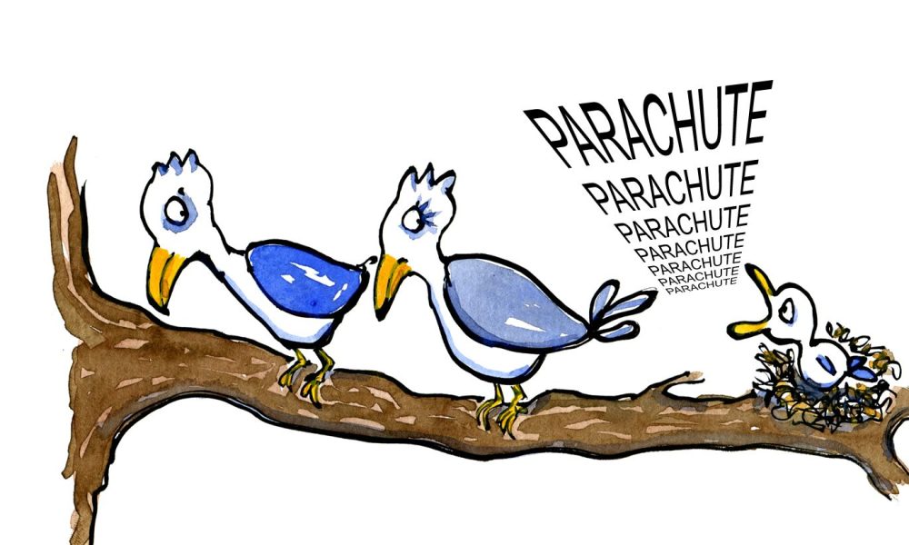 Fledgling trying to convince its bird parents to give it a parachute cartoon