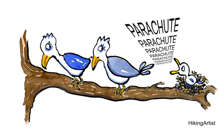 Fledgling trying to convince its bird parents to give it a parachute cartoon