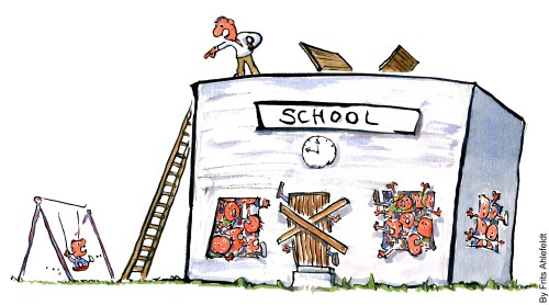 A kid being called into the overcrowded school box