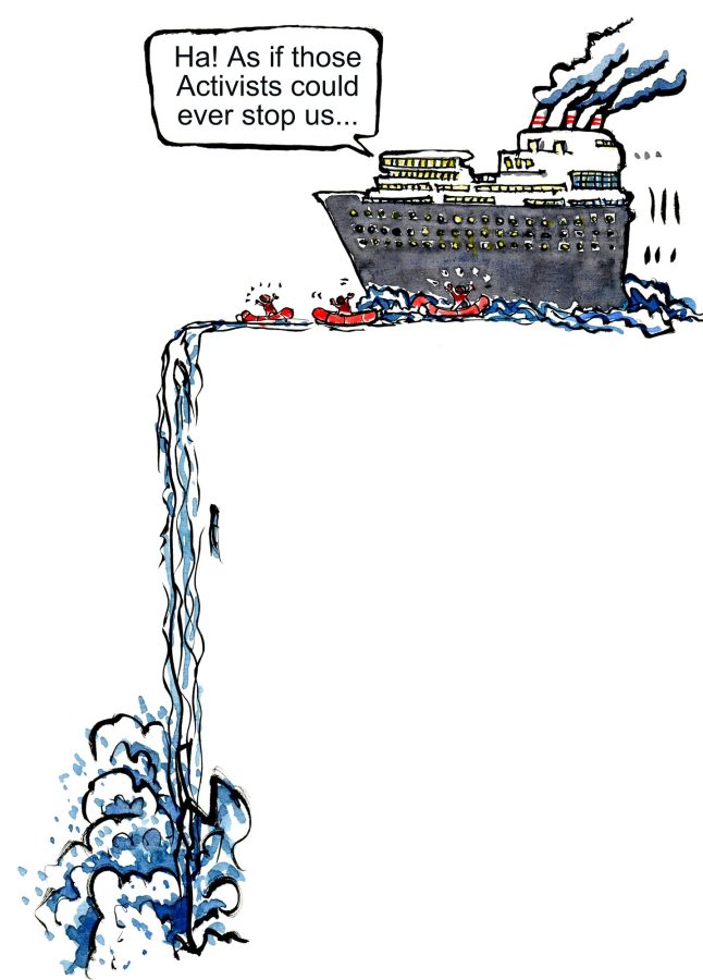 big ship heading out over waterfall, ignoring the warnings