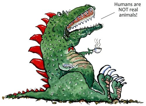 Old dragon thinking about evolution while drinking tea