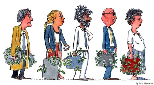drawing of experts with suitcases waiting in line