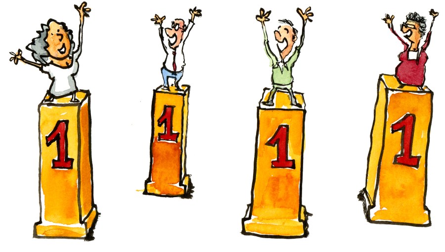 people on front of winners podiums