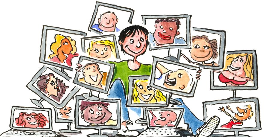 woman sitting in front of all her virtual friends