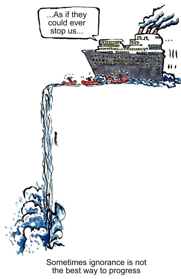 society as ship heading for the edge of a waterfall - version 2