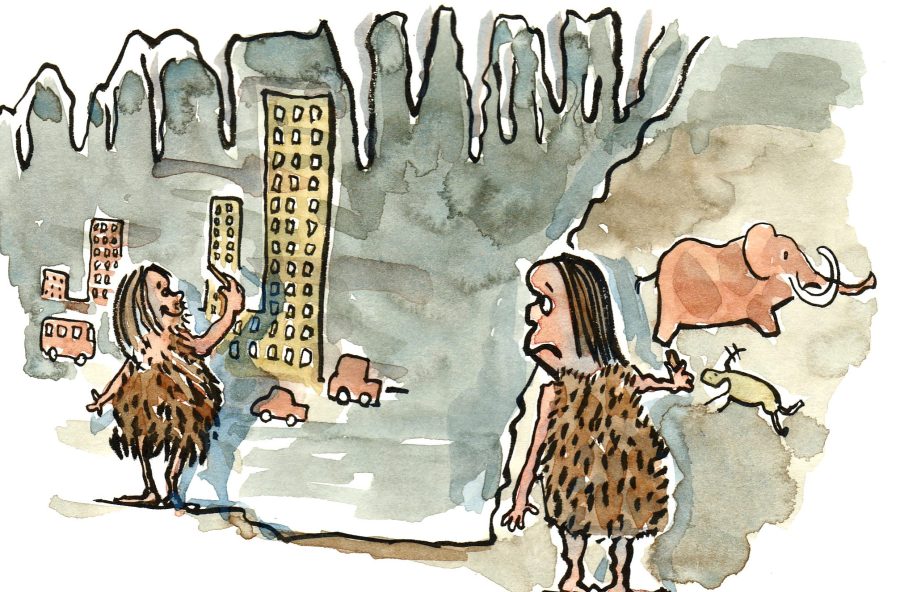 two cave age guys drawing on the wall