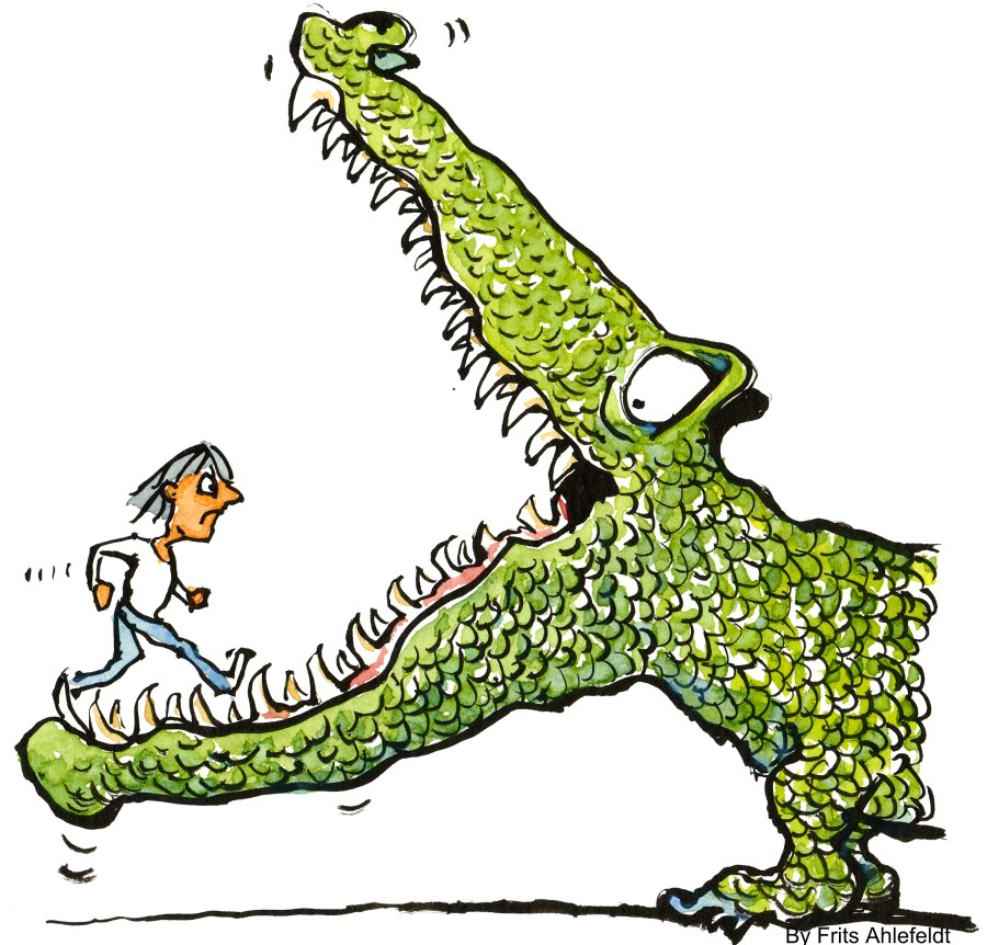 woman walking into the mouth of a monster alligator