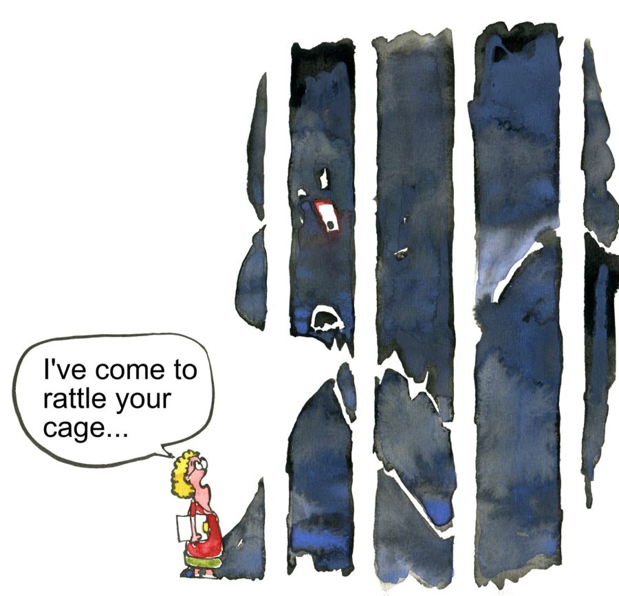 A small woman with folder on a mission to shake the cage