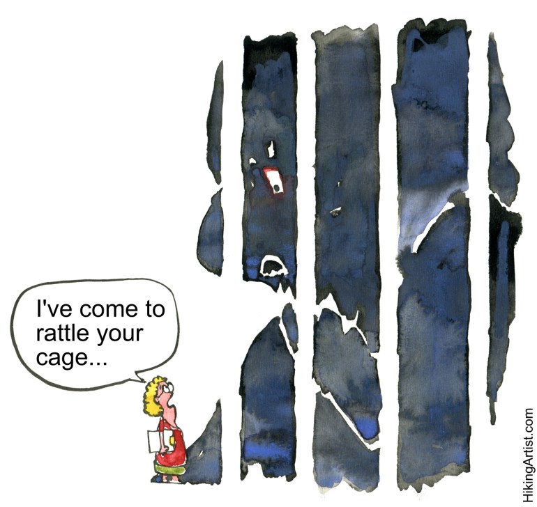 A small woman with folder on a mission to shake the cage