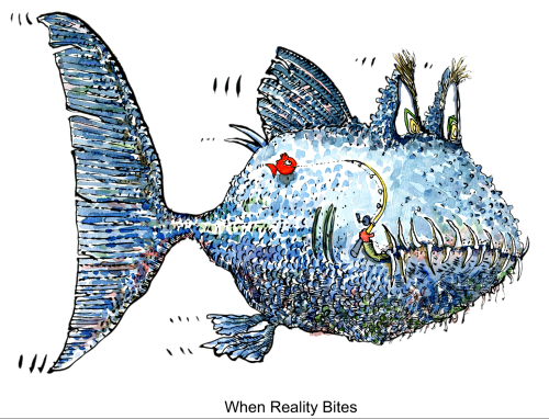 drawing of a big mean fish, that just ate the fisherman