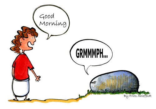 woman saying good morning to a not so happy stone