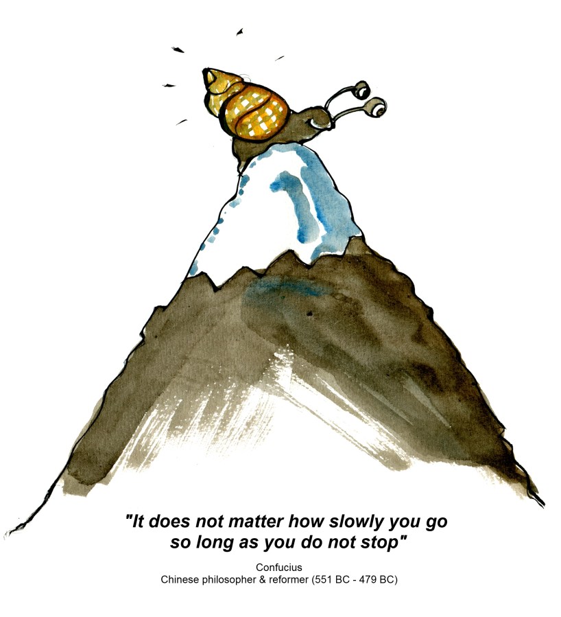Drawing of a snail on a mountain with Confucius Quote