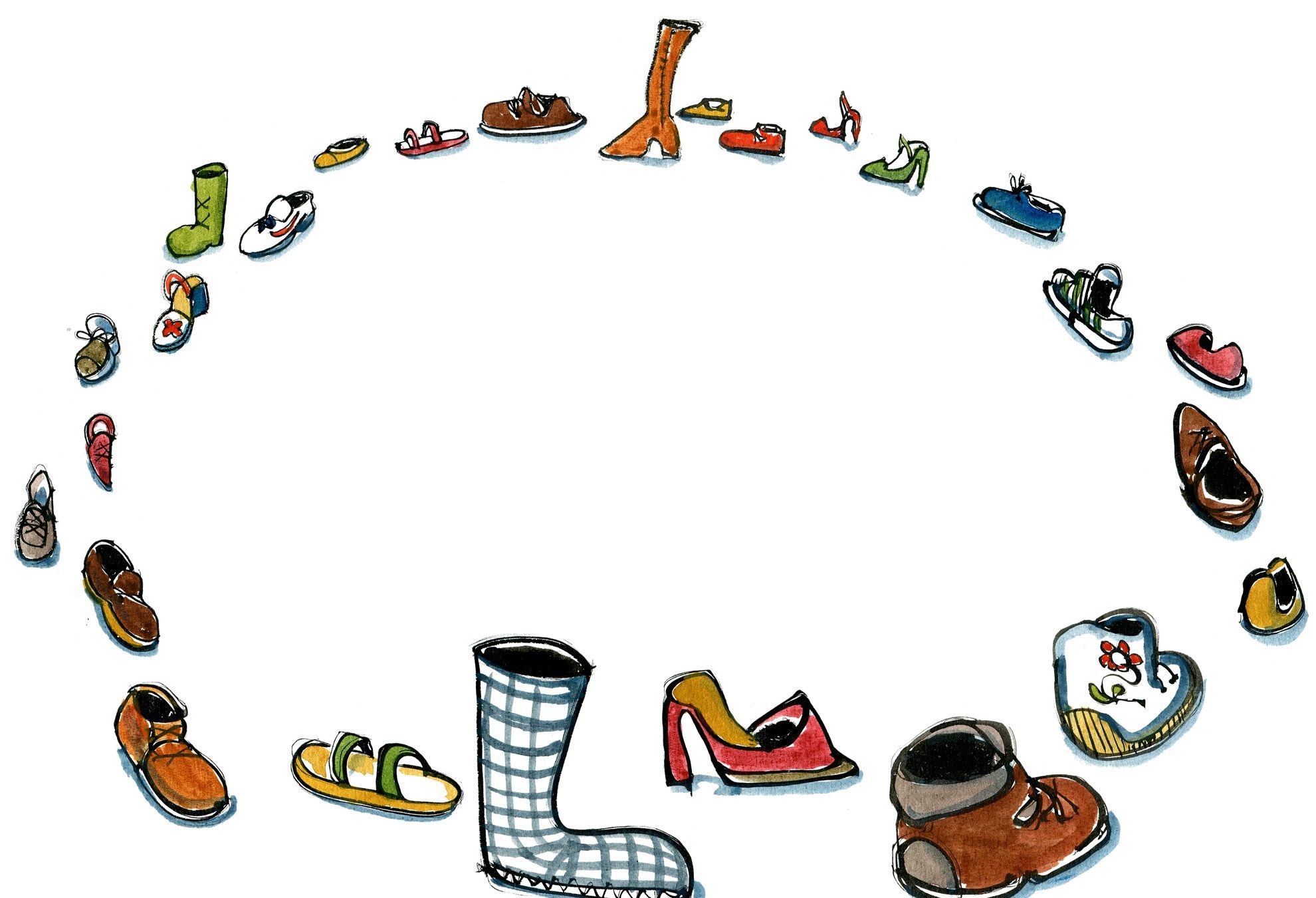 Drawing of a lot of shoes put up in a circle