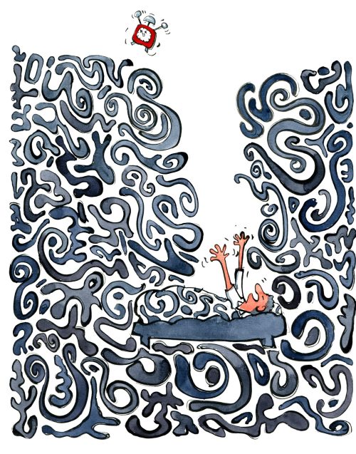 illustration of a man sleeping and reaching out for the alarm clock