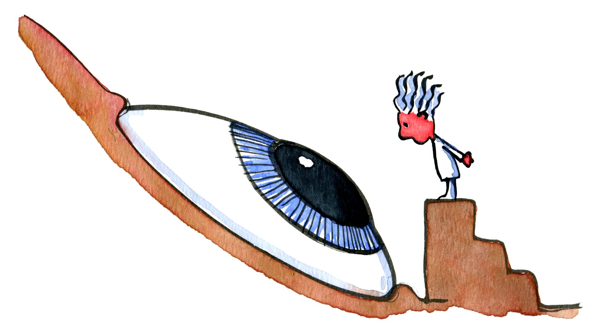 Drawing of a scientist looking at an big eye looking at him