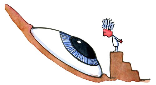 Drawing of a scientist looking at an big eye looking at him