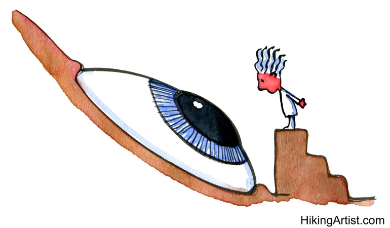 Drawing of a scientist looking at an big eye looking at him