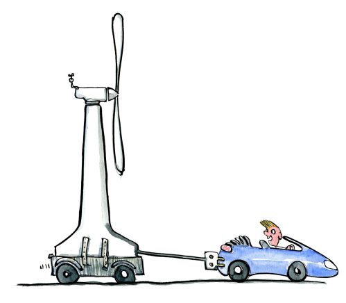 electric car dragging a windmill