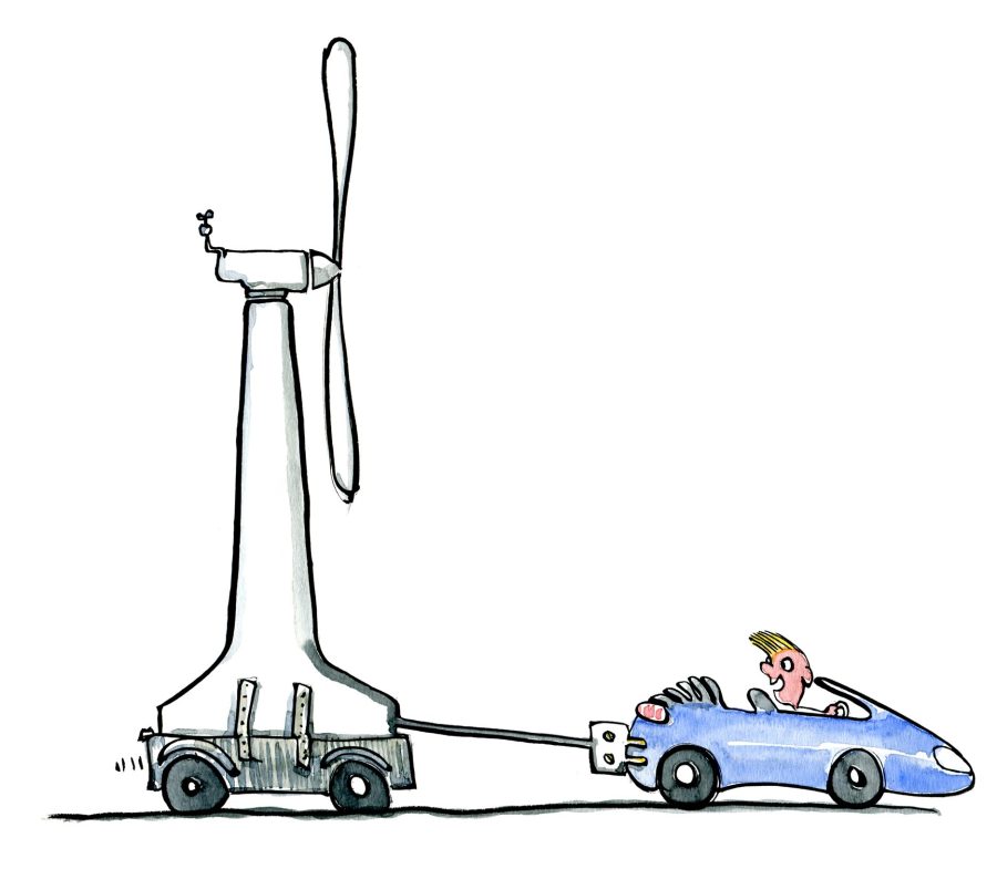 electric car dragging a windmill