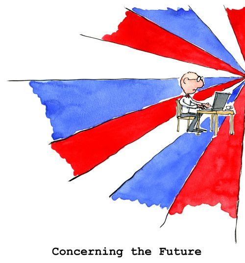 Drawing of a blogger at the edge of the future