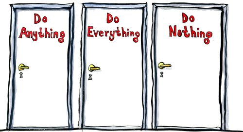 illustration showing three doors, do anything, do everything, do nothing