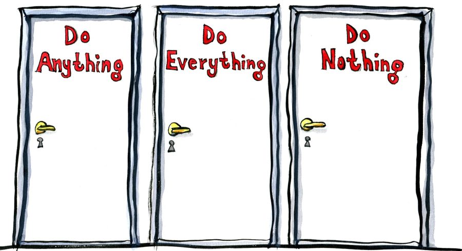 illustration showing three doors, do anything, do everything, do nothing