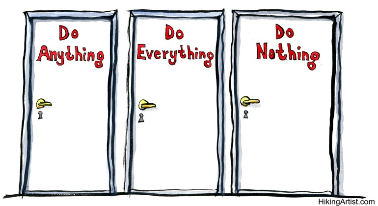 Three doors of action illustration showing three doors, do anything, do everything, do nothing