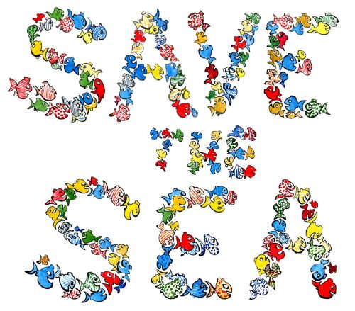 Drawing of a lot of small fishes swimming to save the Ocean