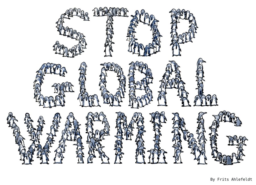 Drawing of small penguins making up the text "stop global Warming"