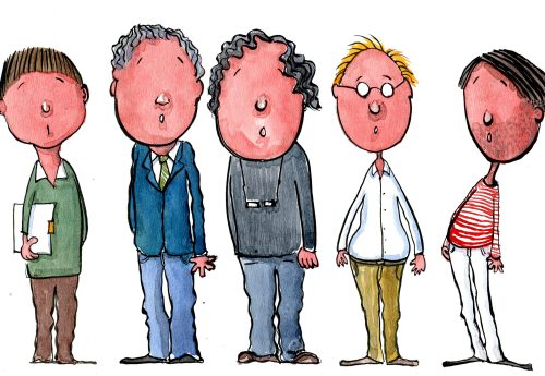 Drawing of four men looking but with no eyes