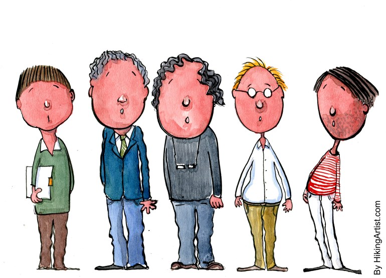 Drawing of four men looking but with no eyes