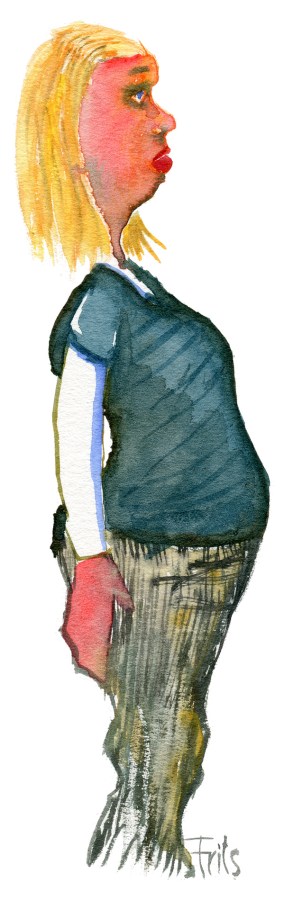 Young girl, standing straight. Watercolor