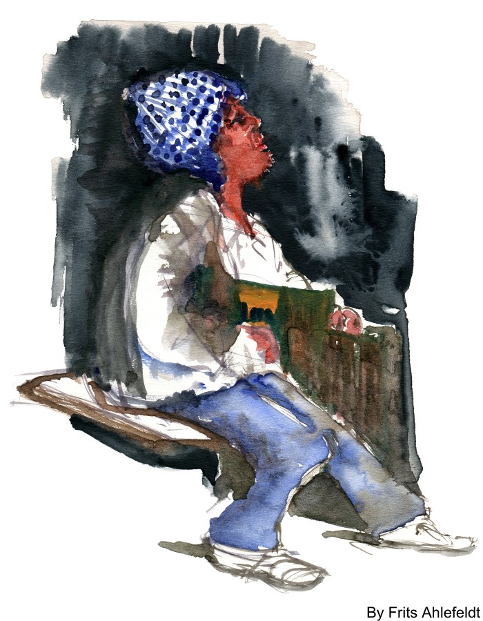 Man sitting on box. Watercolor